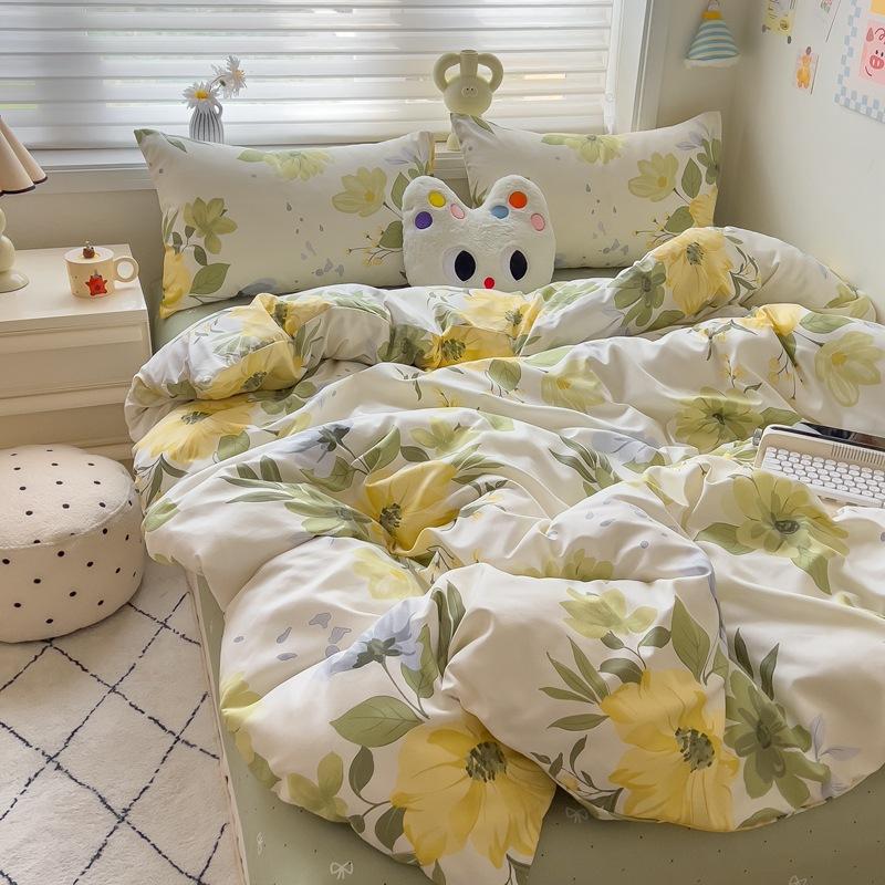 4Pcs Set Class A Maternal Infant Grade Small Fresh Grinding 4-Pcs Set Skin-Friendly Bed Sheet Washed Cotton Quilt Cover Dormitory 3-Piece Set