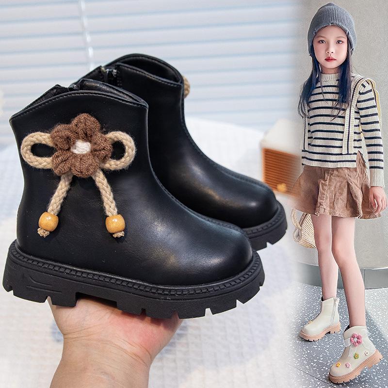 

Beige Princess Ankle Boots for Girls - Soft Sole Leather, Non-Slip, 2025 New Style Size 31, Length 19.3cm