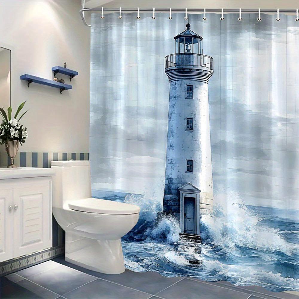 Coastal Lighthouse Shower Curtain Washable Dirt-Resistant Shower Head Waterproof Polyester Bath Curtain For Home Decor