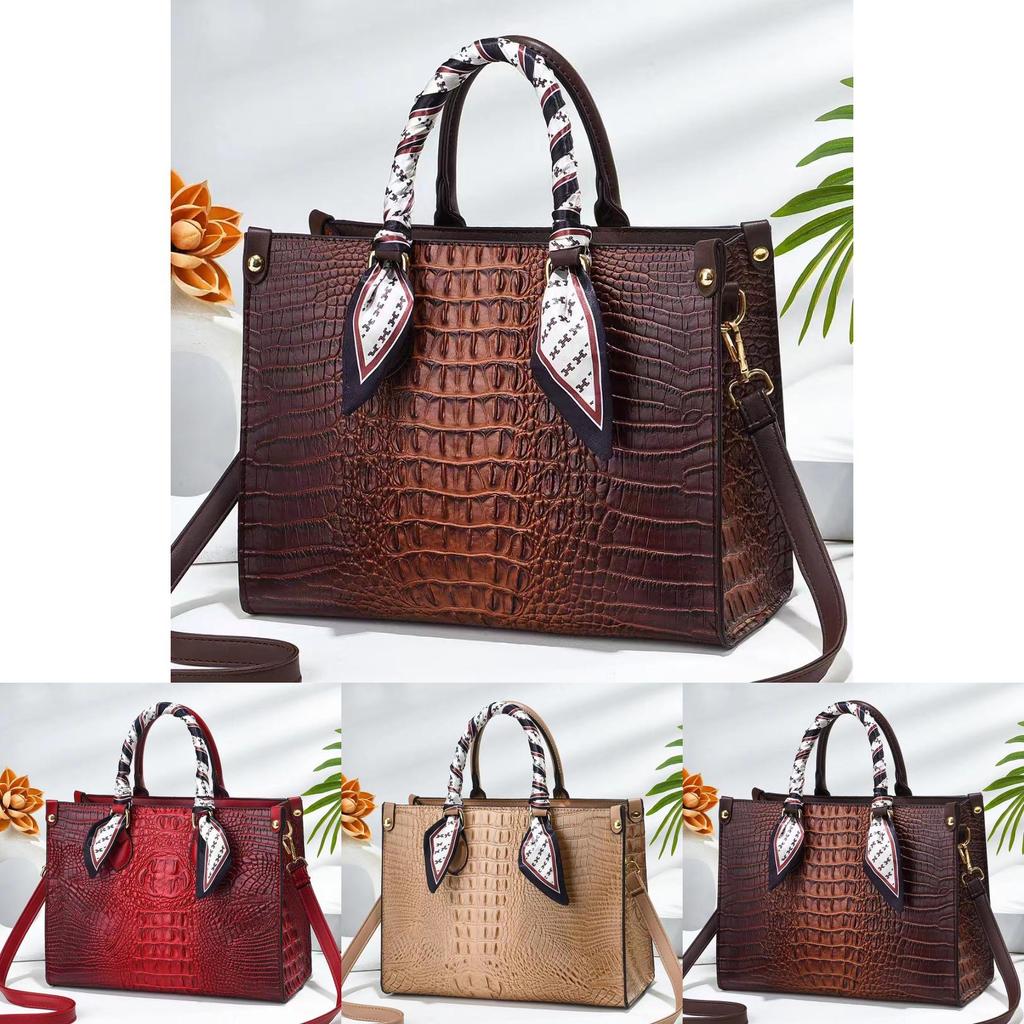 Pu Crocodile Pattern Tote Bag For Women With Zipper Closure And Multiple Pockets