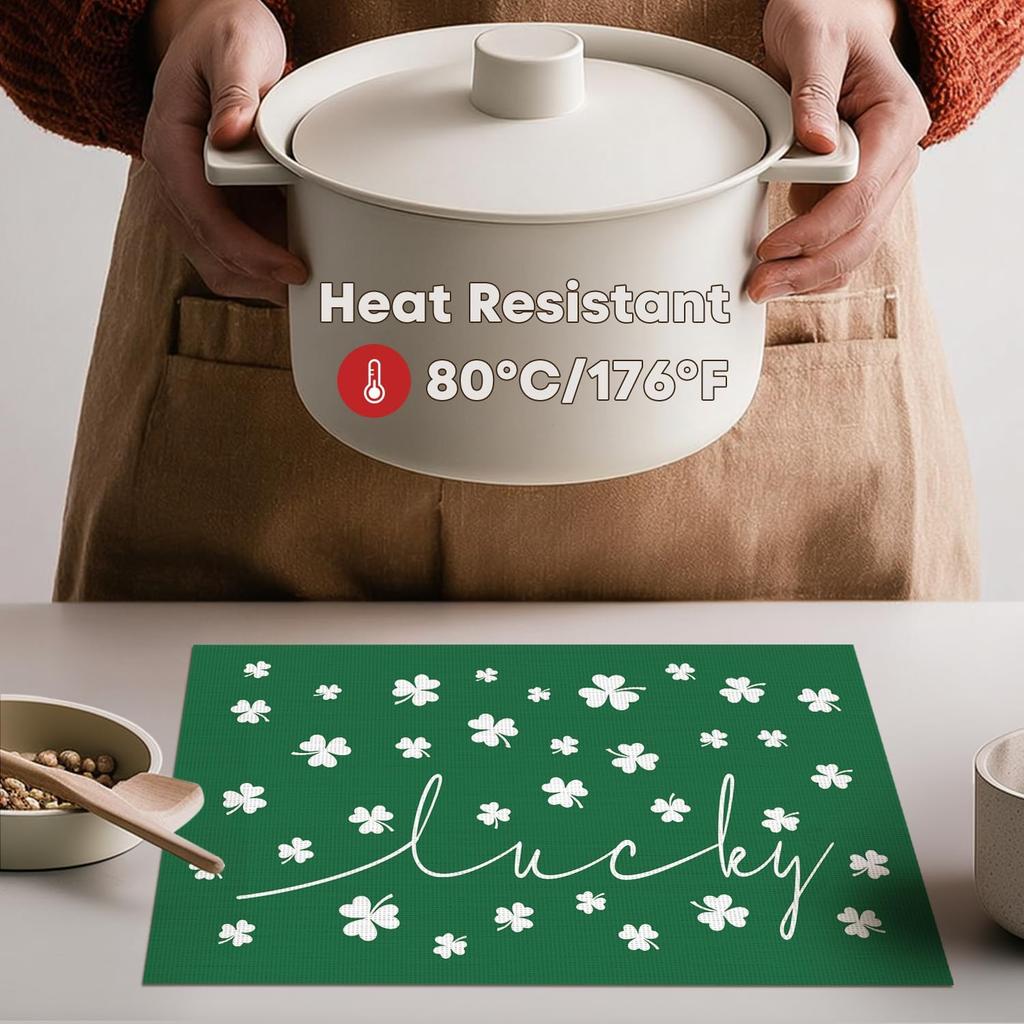 Lucky Shamrock Vinyl St. Patrick's Day Placemats Set of 4, 12x18 Inch Wipeable Non-Slip Spring PVC Place Mats for Party Kitchen Dining Decor