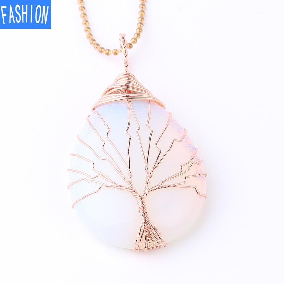 Große Roségold-Wassertropfen-Halskette mit gewundenem Anhänger, natürliche Kristall-Anhänger-Halskette, reiner handgefertigter Baum des Lebens