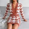 Autumn Winter Women Houndstooth Knitted Dress V Neck Long Sleeve High Waist Pack Sizes S To L
