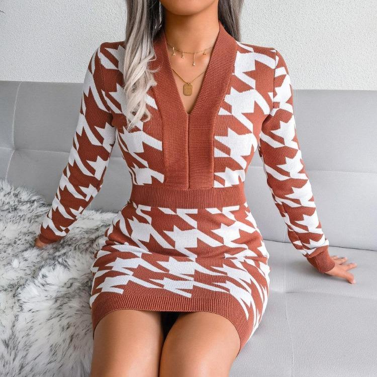 Autumn Winter Women Houndstooth Knitted Dress V Neck Long Sleeve High Waist Pack Sizes S To L