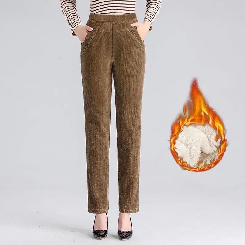 Dámské zimní vintage termální džínové nadměrné velikosti jednobarevné manšestrové kalhoty se širokými nohavicemi