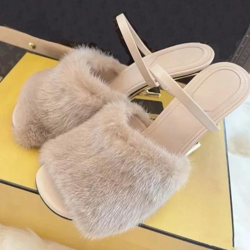 Fashion Women Fashion Fur Slippers Sexy Peep Toe Gladiator Sandals Dress Pumps Spring Summer Strange Heel Mules High Heel Wedge Shoes