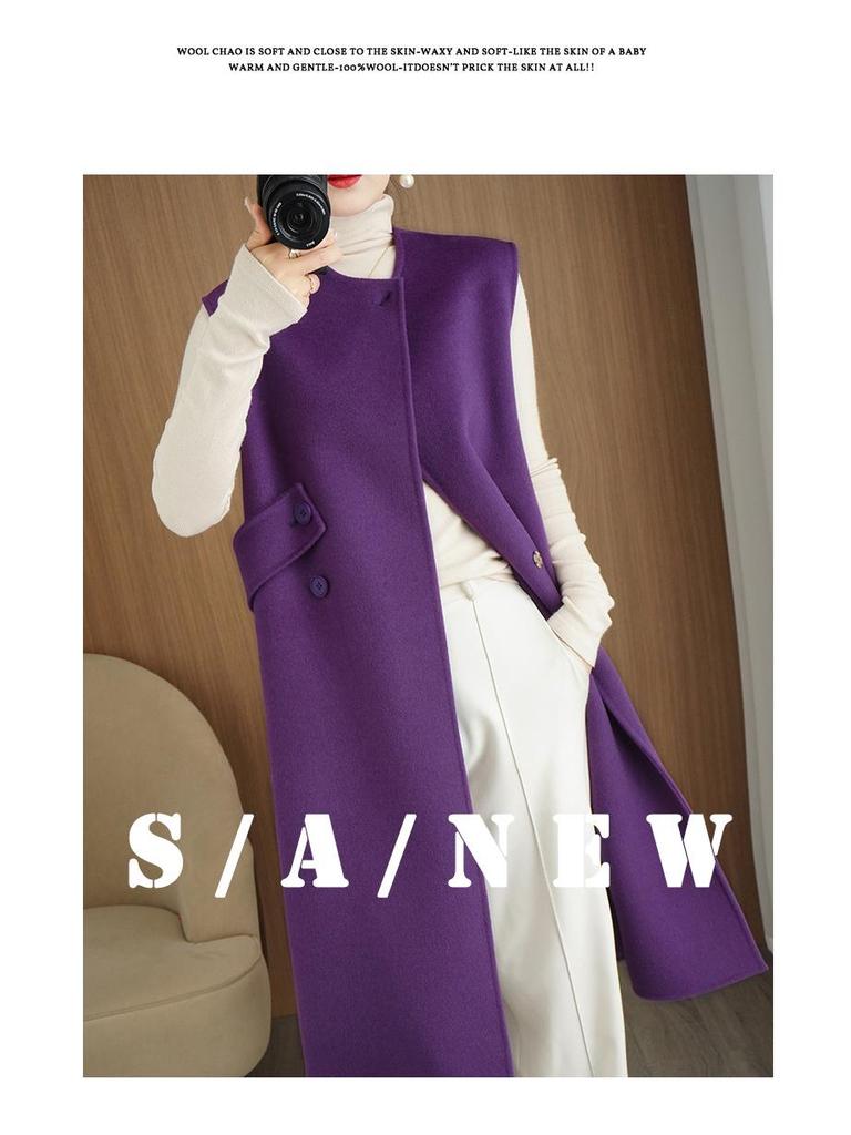 Chaleco Extra Largo de Lana 100% de Doble Cara para Mujer - Ropa Exterior Clásica Casual sin Mangas