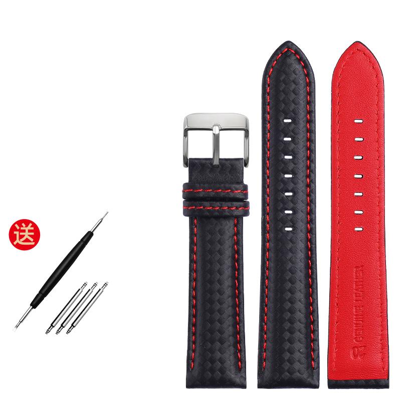 Echtes Lederarmband mit Kohlefaserkorn, Uhrenarmband 18 mm, 20 mm, rot-orangefarbene Nähte, Uhrenarmband 21 mm, 22 mm, 23 mm, 24 mm