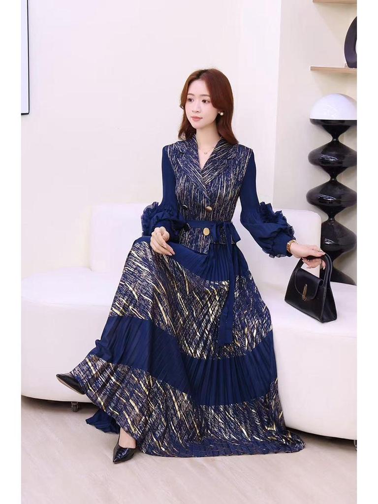 European and American Panhua 3D Floral Pleated Dress with Lantern Sleeves and Large Swing Skirt