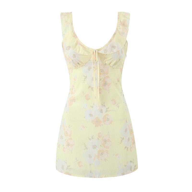 

Realisa * Summer Small Yellow Skirt French Fresh Atmosphere Zinnia Ruffles Deep V-neck Strap Dress Yellow centuryum L