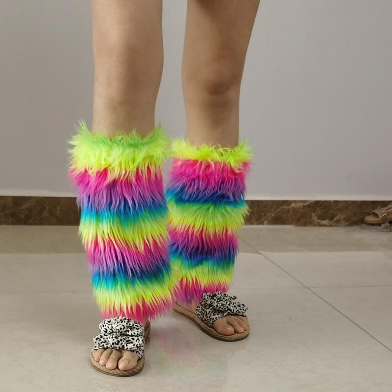 Winter 80s Furry Long Socks Leggings Cover Leg Warmer Punk Boots Socks Plush Vintage Rainbow Warm Boot Cuffs Leg Cover