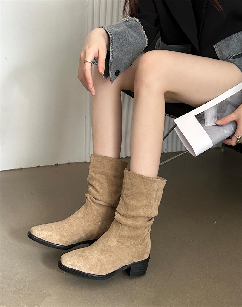 

Thick heel square head French retro western cowboy boots 2025 new autumn and winter stacking boots brown small Martin boots 39 хаки