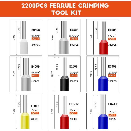 2200PCS Ferrule Crimping Tool Kit –Amliber AWG30-5 Self-Adjusting Wire Ferrule Crimper with Wire Ferrules Connectors for Electrical Work,
