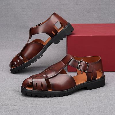 Summer New Men's Retro Roman  Gladiator Leather Sandals Hollow Out Breathable Shoes Solid Color Ankle Buckle Casual Shoes