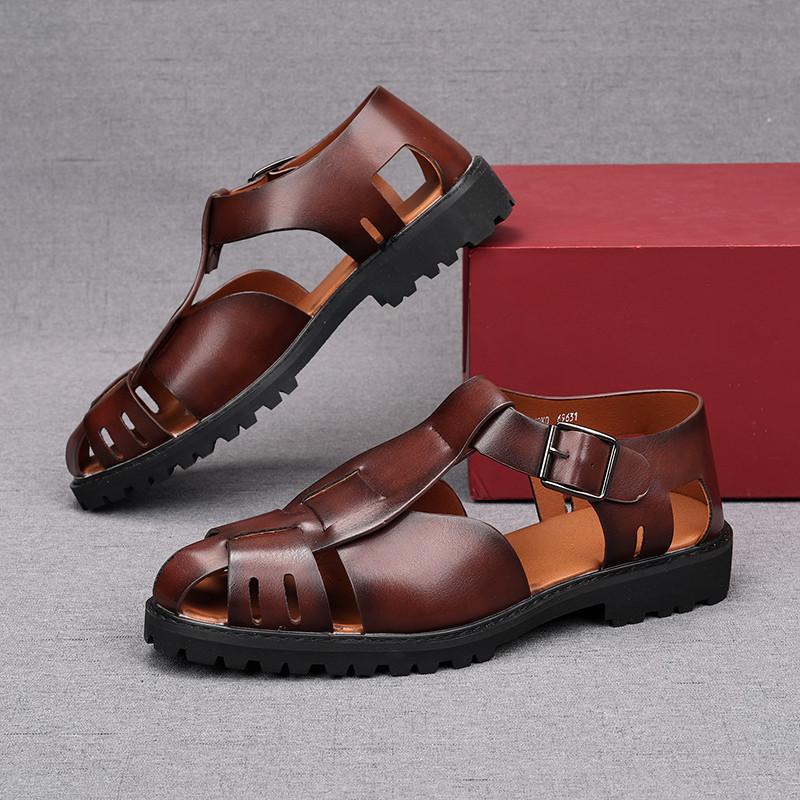 Móda Léto Nové Pánské Retro Římské Gladiátorské Kožené Sandály Vykrojené Prodyšné Boty Jednobarevné Kotníkové Spony Ležérní Boty