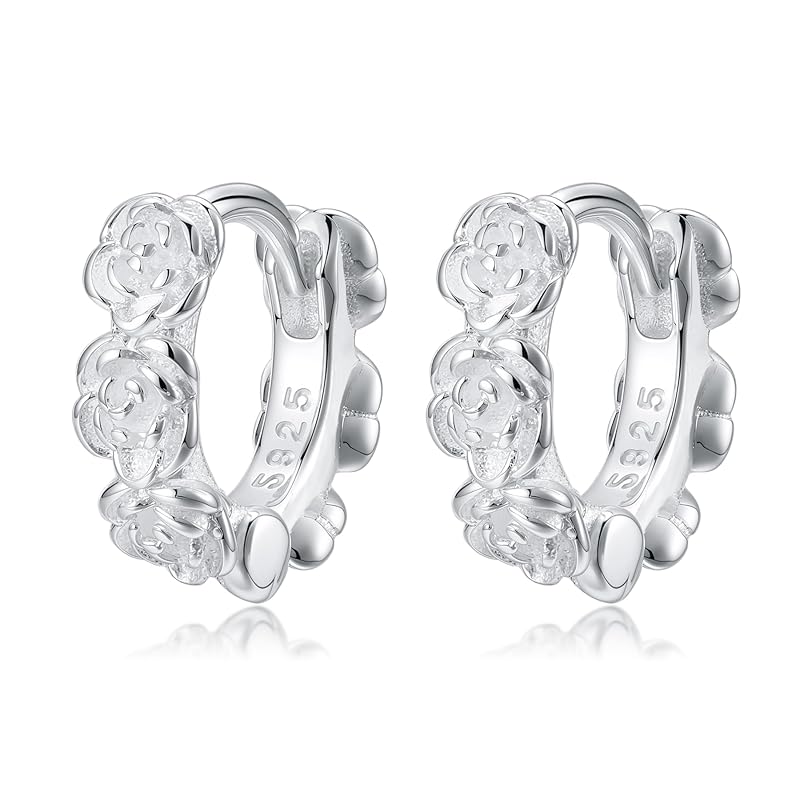 

ring earrings Leave it on ladies second piercing S925 silver Compatible with metal allergies platinum plated both ears cute rose flower hoop earrings