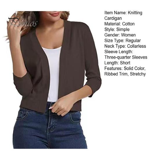 Women Knitting Cardigan Collarless 3/4 Sleeve Short Knitting Jacket Solid Color Open Stitching Knitted Outerwear