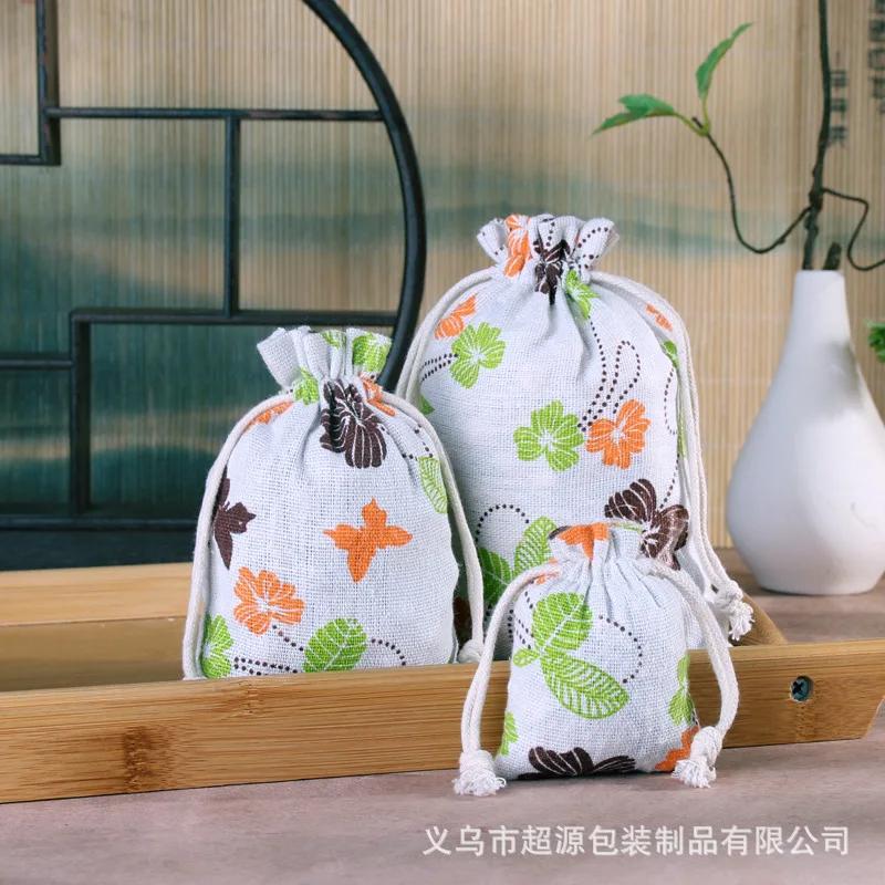 10pcs/lot Linen Drawstring pocket Cute Pattern Printed DIY wedding Candy Storage Bag Travel Makeup Cloth Shoes Sundries Storage