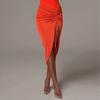Bodycon Skirt Shirring Drawstring Women Solid Color High Split Irregular Skirt Clubwear