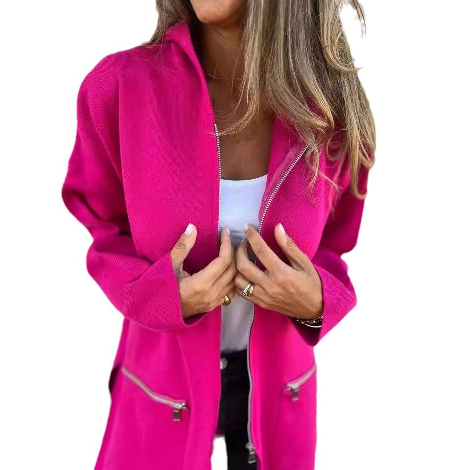 2025 Europe & America Autumn/Winter Women's Solid Color Casual Zipper Hooded Jacket