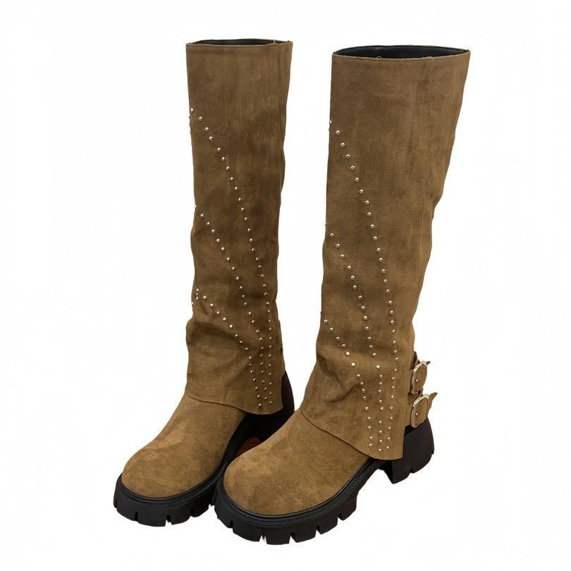 Brown rivet high boots 2025 autumn and winter new sleeve locomotive boots retro western cowboy boots women look thin