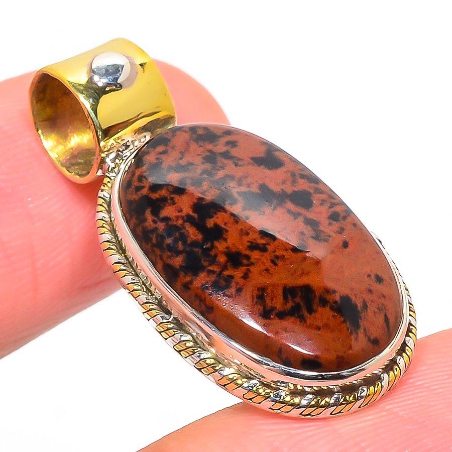 Natural Mahogany Obsidian Two Tone 925 Solid Sterling Silver Pendant 1.25'' c8F24