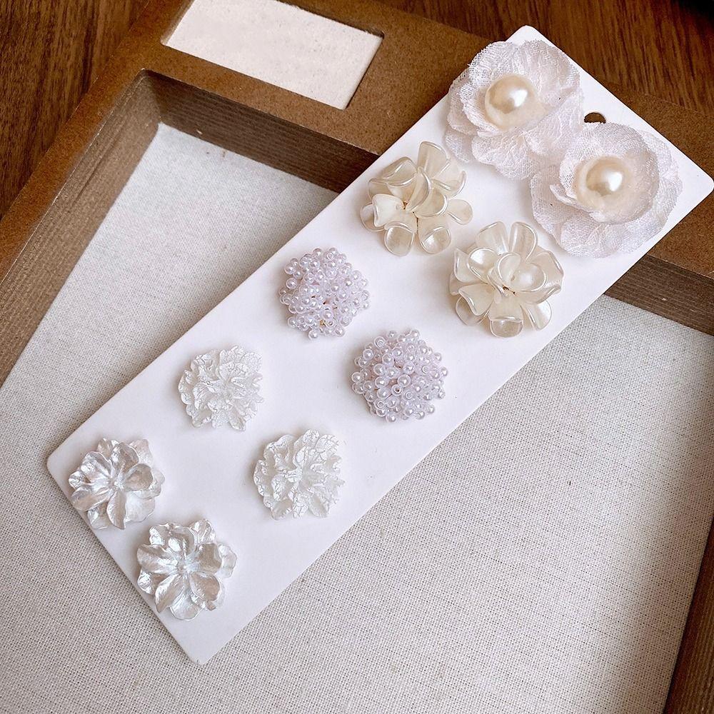 10pcs/Set High-end Artificial Pearls Earrings White Flower Flower Stud Earrings  For Women Girls