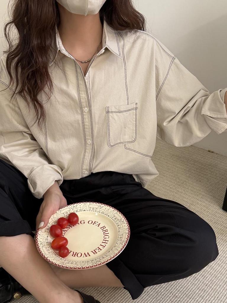 Frühling 2025 Einfarbig Sichtnaht Lässig Retro Revers Locker Geschnitten Petite Hemd