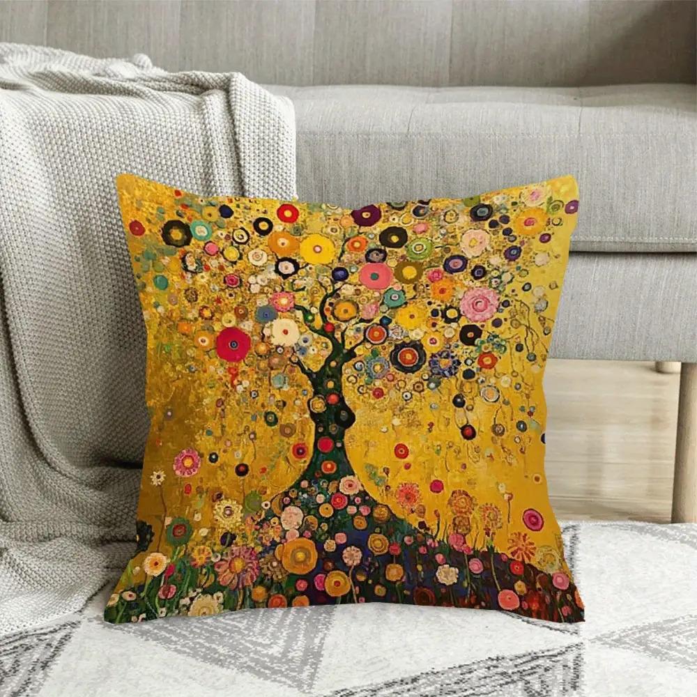 1Pc Gustav Klimt Inspires Tree Life And Floral Pillowcase - Golden Leaf Background, Vivid Single-Sided Printing, Zipper Closed