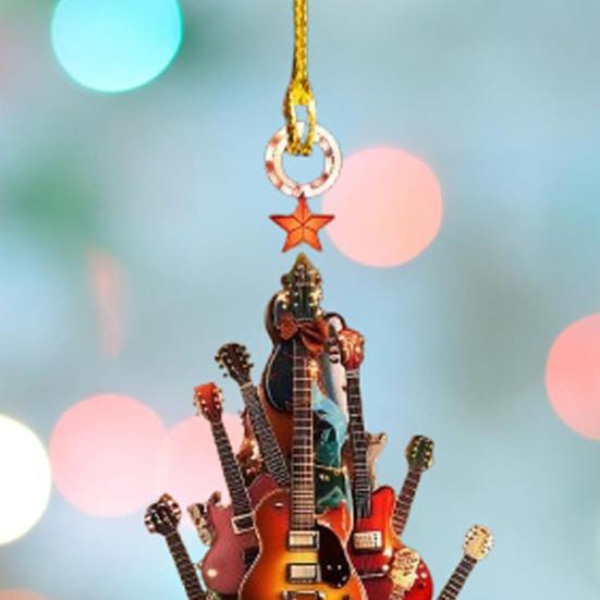 Kytarová vánoční ozdoba 2D akrylová Rockin' Around The Guitar ozdoba Hudební nástroj závěsná dekorace pro kytaristu hudební nadšence