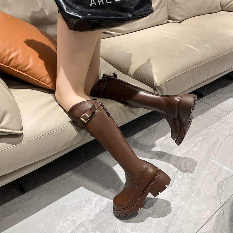 

Boots women 2025 new foreign-style winter boots British style thin thick-soled velvet fashion thick-heeled high boots 40