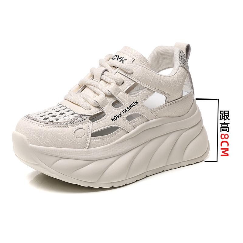 

2025 summer new leather thick sole heightened 8CM hollow woven little white shoes versatile muffin shoes women s shoes single shoes 34