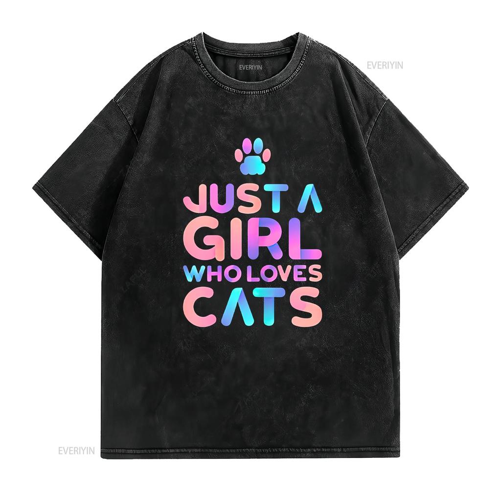 Women S T Shirt Cute Cat Lover Just A Girl Who Loves Cats Print Casual Tops Black Small Vintage Washed Comfortable Stretched
