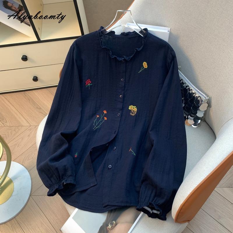 2026 Plus Size Spring Autumn Women Shirt Ruffled Collar White Blue Floral Embroidery Blouse Long Sleeve Cotton Basic Loose Blouse