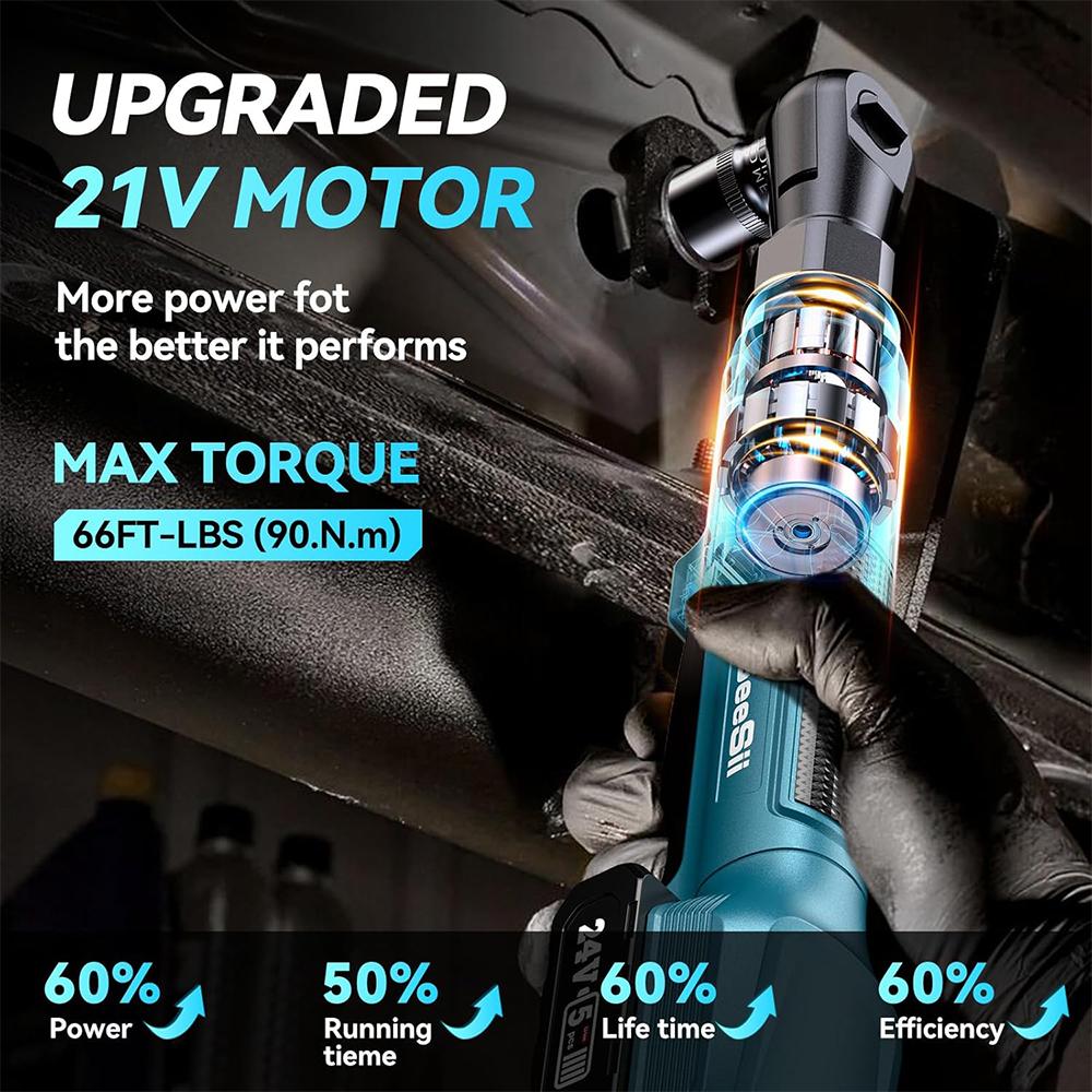 SEESII 21V Cordless 3/8" Electric Ratchet Wrench 90NM Electric Wrench 3" Extended Ratchet Wrench 200RPM Power Car Repair Tools