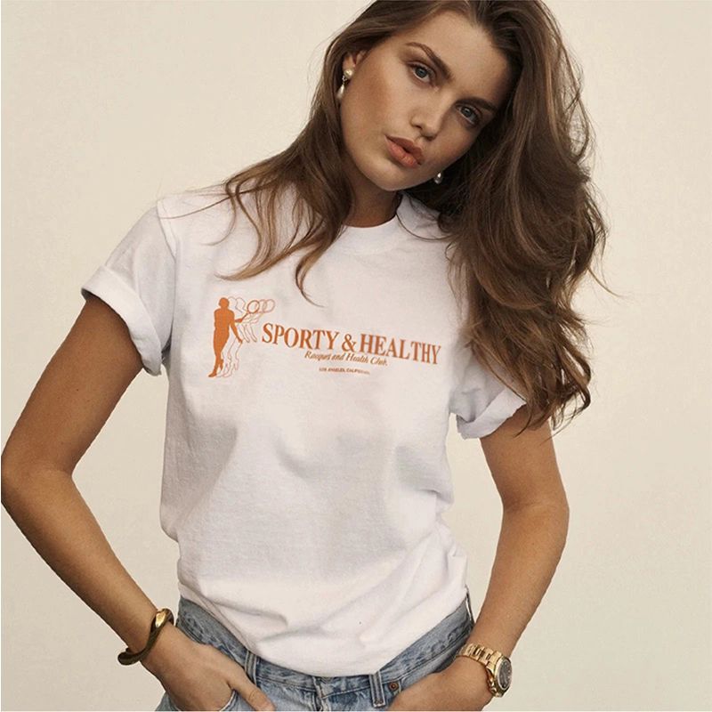 Sporty American Retro Sports Style Tennis Print Pattern Pure Cotton Casual Sports Fitness Loose T-shirt for Women