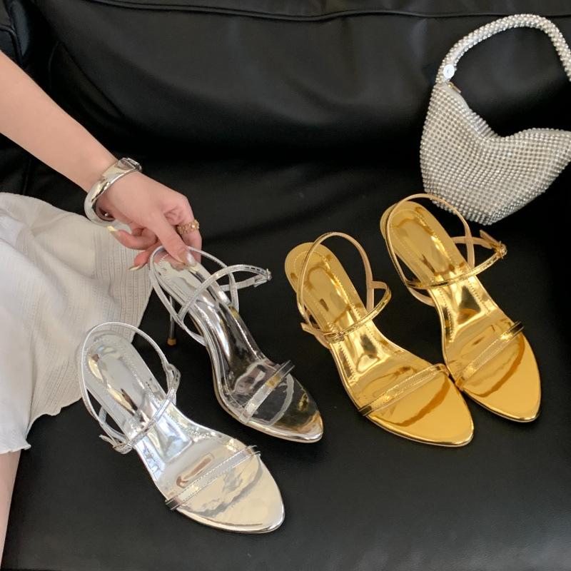 Fashion Gold Narrow Band High Heel Sandals Women Fashion Pointed Toe Ankle Strap Buckle Open Toe Sandals Summer Sexy Banquet Dress Shoes