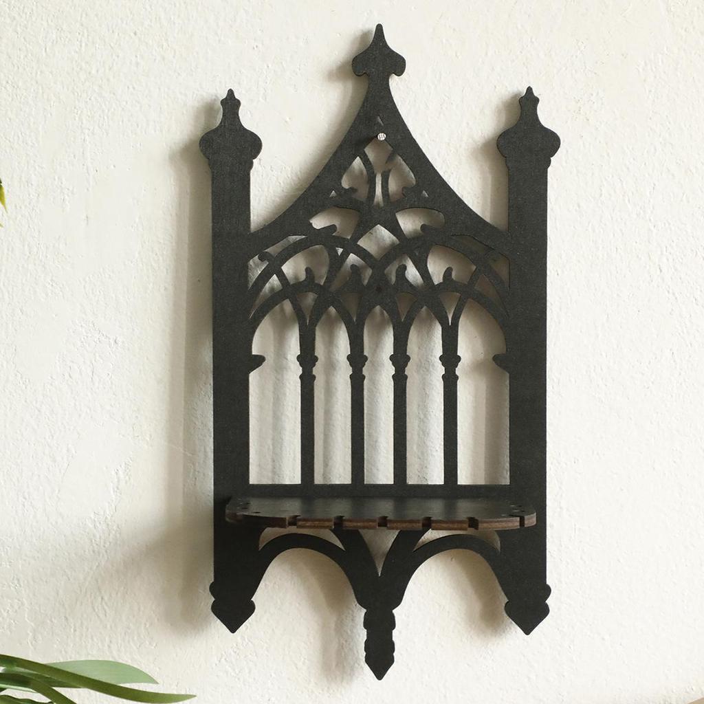 Bohemian Gothic Black Wooden Wall-Mounted Shelf for Bedroom Decor