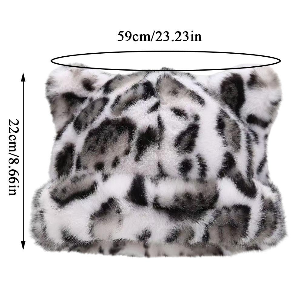 Winter Imitation Fur Hat Plush Bucket Hat Leopard Print Bear Ear Ruslan Baginsky Hat Thicken Woman Bonnet Ski Cap Fisherman Hats