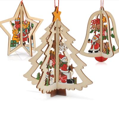 1PC 3D Christmas Ornament Wooden Snowman Christmas Tree Hanging Pendants Bell Christmas Decorations Baby Rattle