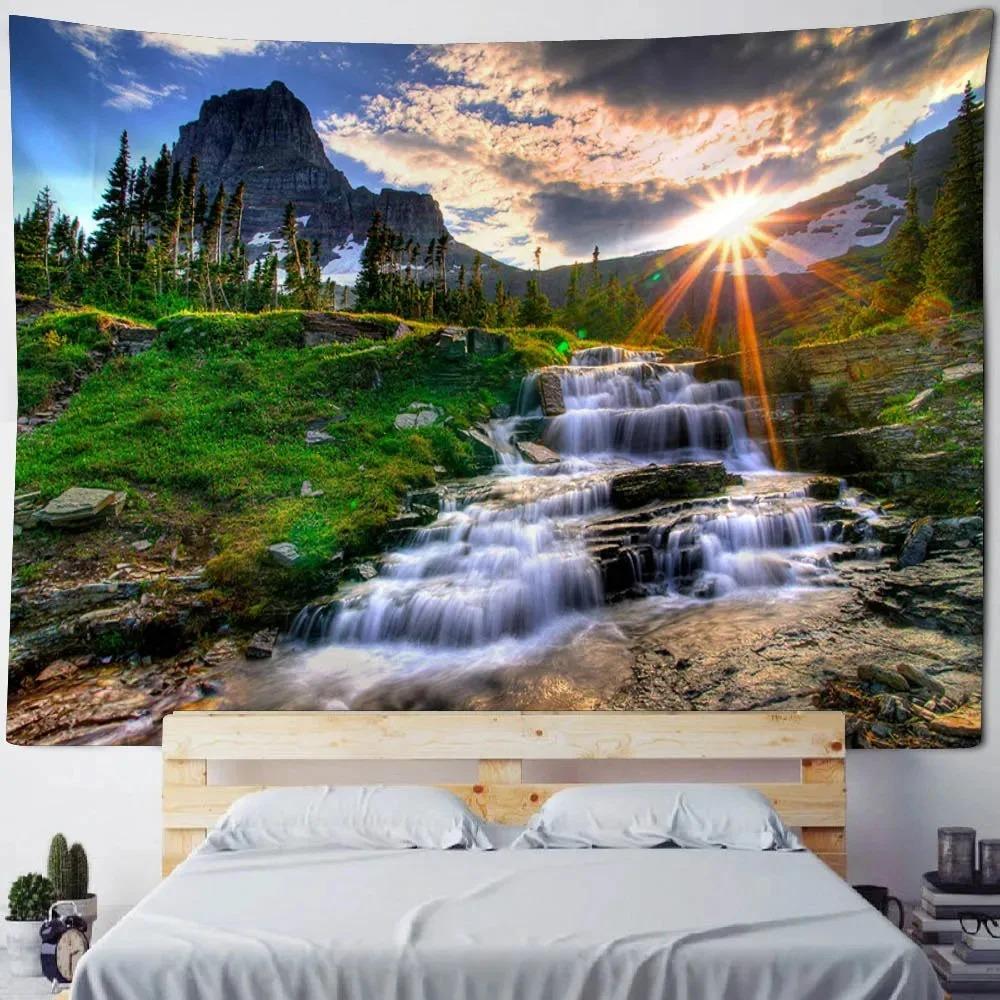 Waterfall Canyon Nature Tapestry  Serene Landscape Polyester Wall Hanging for Bedroom Living Room Yoga Decor