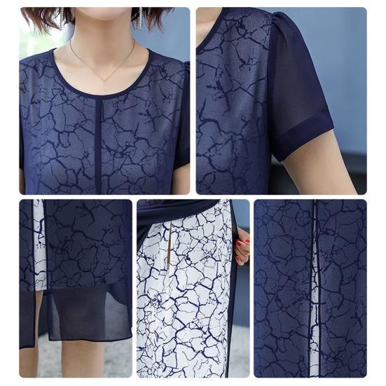 Women Mesh Fake Two Piece Dress Casual Short Sleeve Crewneck Midi Dress Formal Mother of The Bride Dress