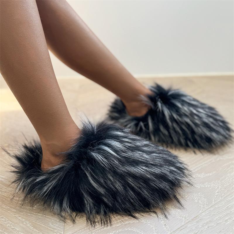2025 Dam Vinter Tvättbjörnspäfflor Varma Plyschtofflor Flickor Lyxiga Pälsiga Fuskpäfflor Hem Bomullsskor Inomhus Päls-tofflor