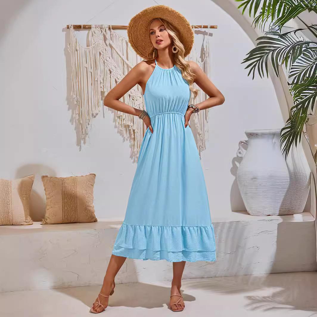 

Летний свежий стиль однотонный вырез без рукавов V-образный приталенный на талии платье XL синий