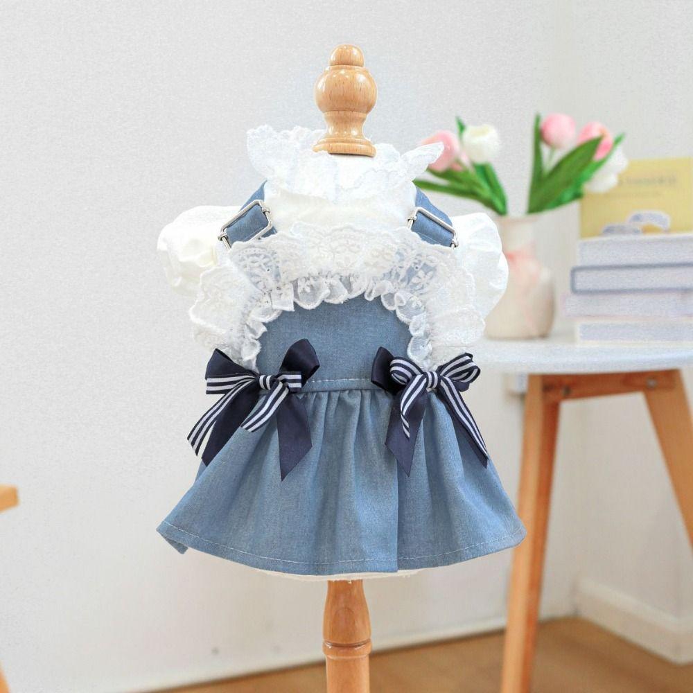 Reusable Pet Denim Dress With Bow Pet Skirt Durable Dog Denim Skirt  Dog Walking