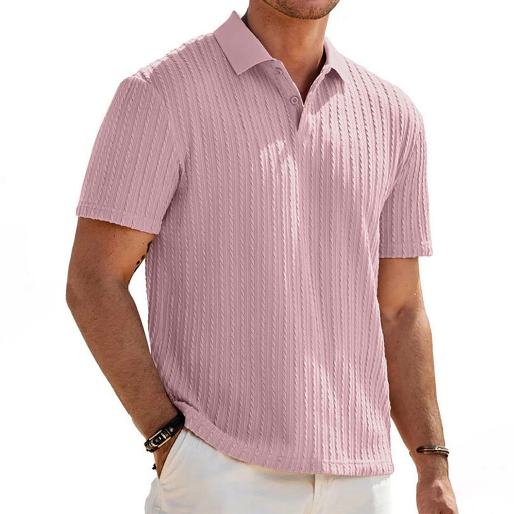Men's Loose Fit Knitted Jacquard Short Sleeve Polo Shirt Button Front Casual Business Lightweight Summer Top
