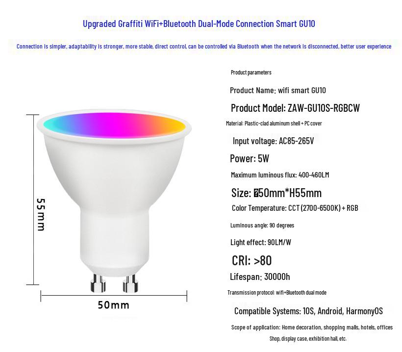 Voice-Controlled Smart GU10 Spotlight: RGBCW Dimming, Color Tuning, Alexa & Tuya WiFi Compatible