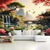2D Chinesischer Landschafts-Hintergrundstoff mit Wasserfall, Kiefern & Kranichen für Studio & Heimdekoration