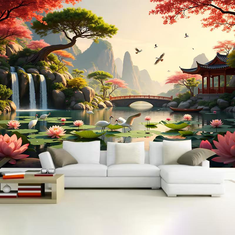 2D Chinesischer Landschafts-Hintergrundstoff mit Wasserfall, Kiefern & Kranichen für Studio & Heimdekoration