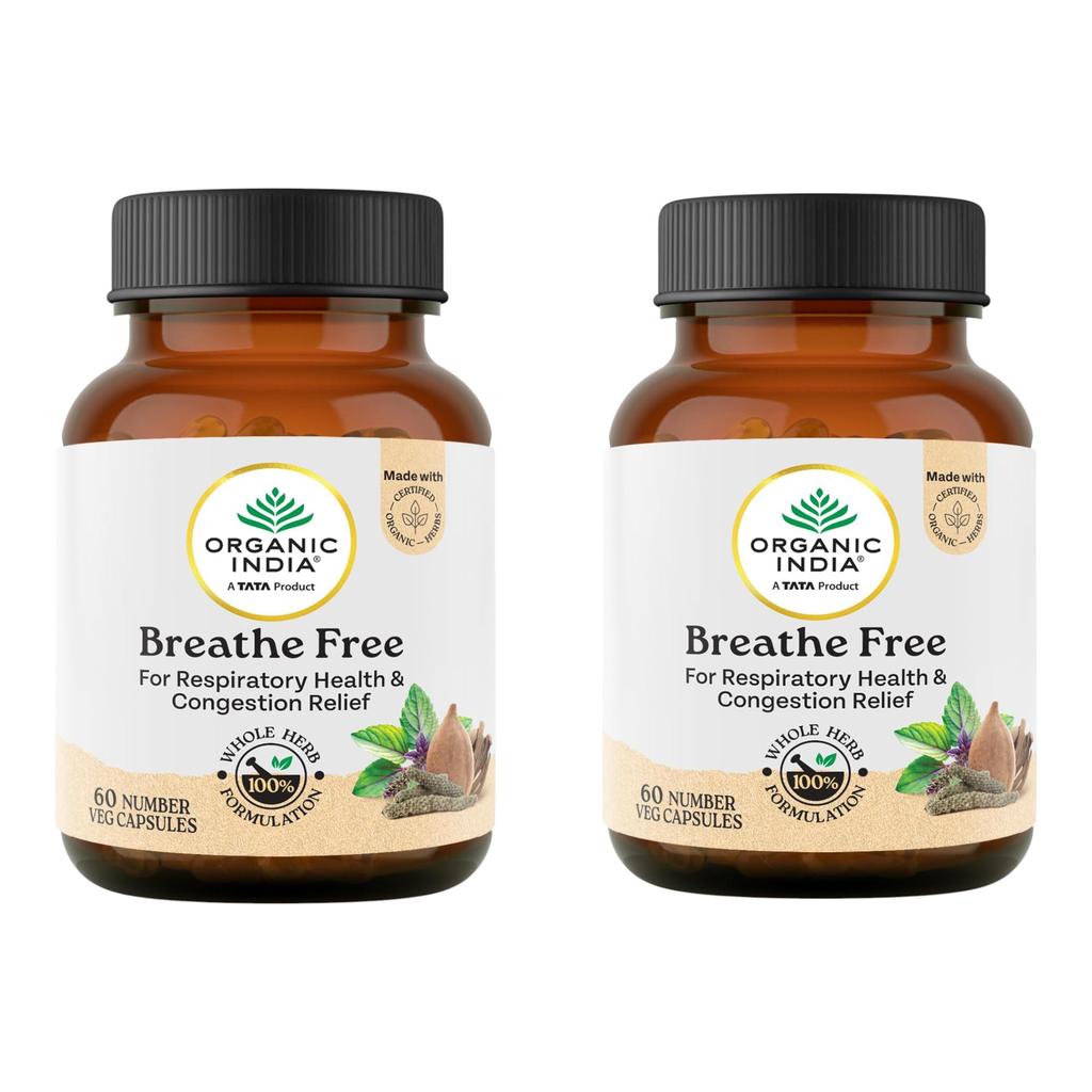 ORGANIC INDIA Breathe Free 60 Cápsulas Vegetais Pacote de 3 Fórmula Natural de Suporte e Conforto Respiratório